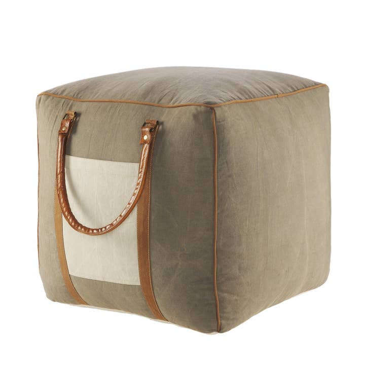 Multi Modern Bordered Square Pouf with Leather Handles for wholesale on Faire