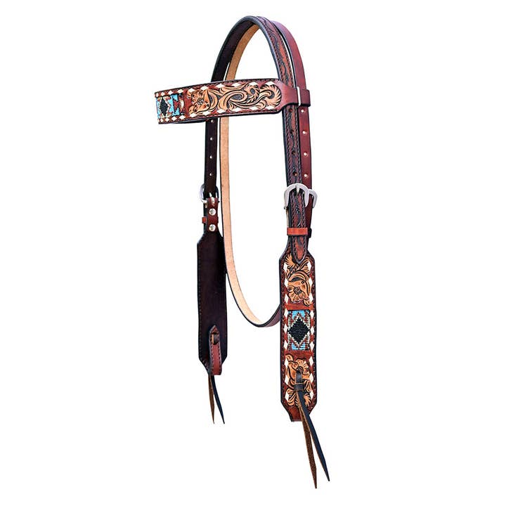 HILASON - Wholesale Horseback Riding Gear - Hilason Horse Floral Hand Carved American Leather Breast Collar Headstall W/ Beaded Work Brown1