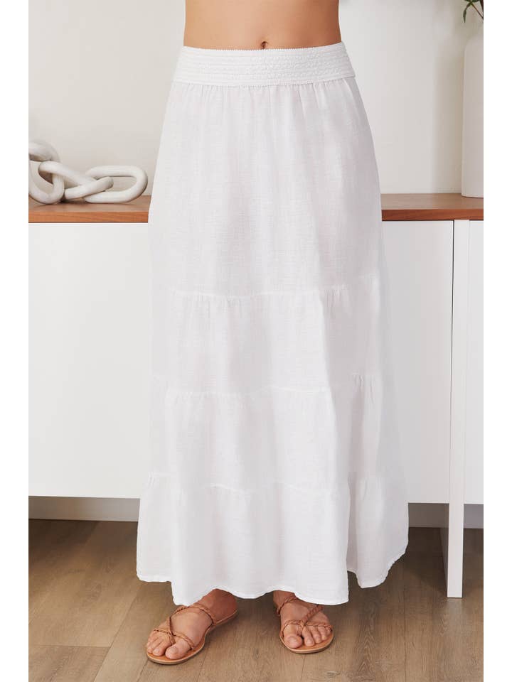 White MINERAL WASH TIERED MAXI SKIRT(154125-WHITE) for wholesale on Faire