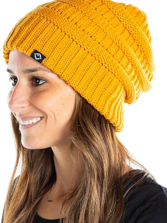 FJ Satin Lined Solid Ribbed Beanie - Mustard for wholesale by Funky Junque