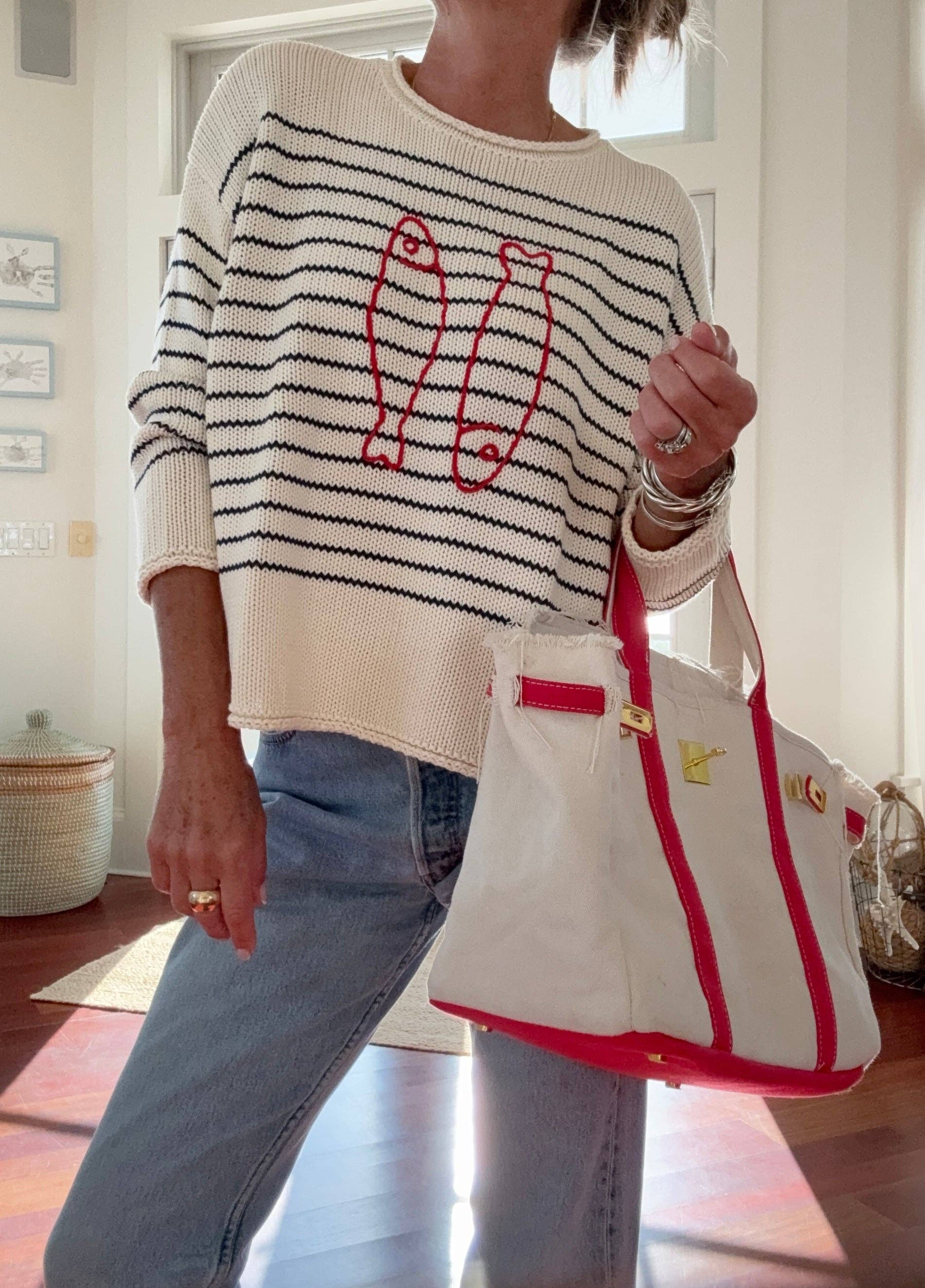 Pink Pineapple - Wholesale Knit Sweater - Women's - Chloe Stripe Rollneck Embroidered Sardines Sweater in Ivory2