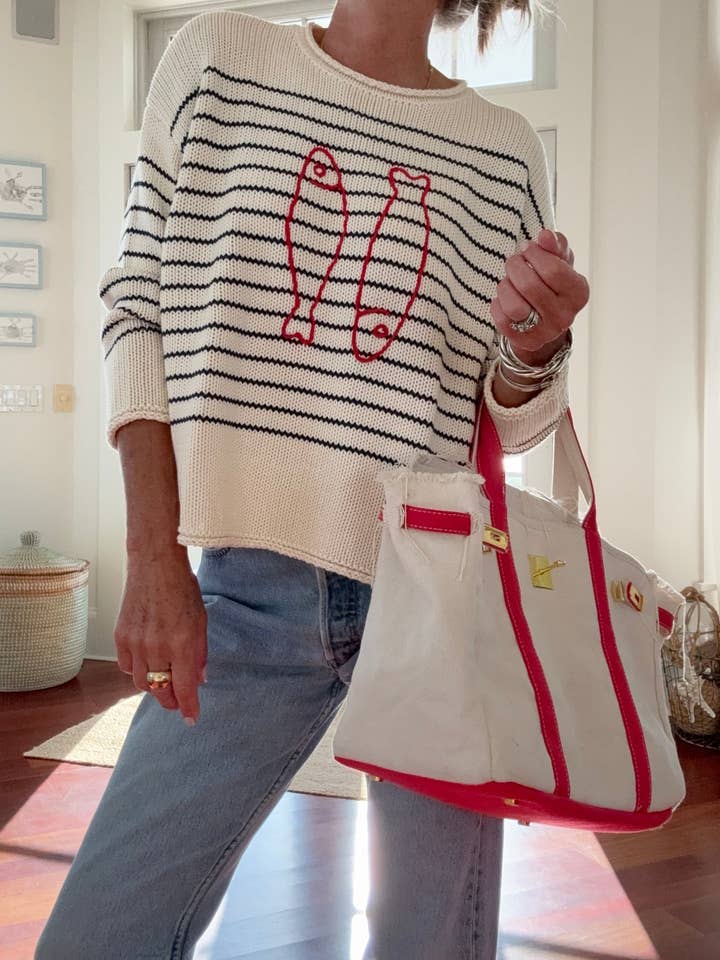 Pink Pineapple - Wholesale Knit Sweater - Women's - Chloe Stripe Rollneck Embroidered Sardines Sweater in Ivory2