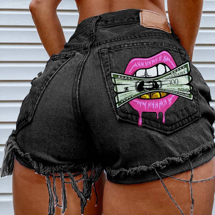 Tourtiwi - Vendita all'ingrosso Pantaloncini - Donna - Shorts di jeans strappati con stampa "Cash in the Mouth"