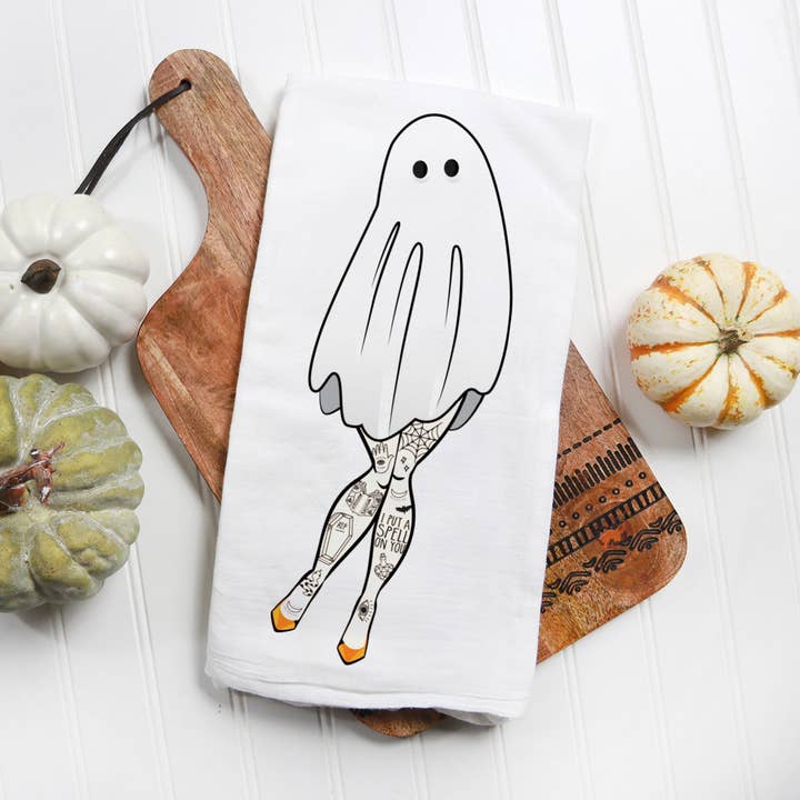 Ghost Girl with Tattoos Halloween Kitchen Towel for wholesale by Love You a Latte Shop