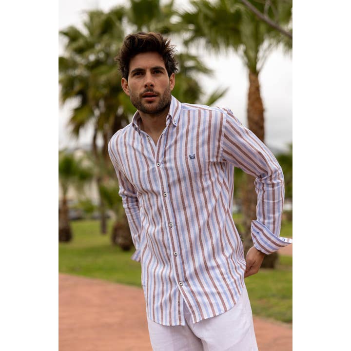Chemise en lin à rayures bleu ciel et marron | Montefrío pour la vente par Custi Mikelo: Made in Spain