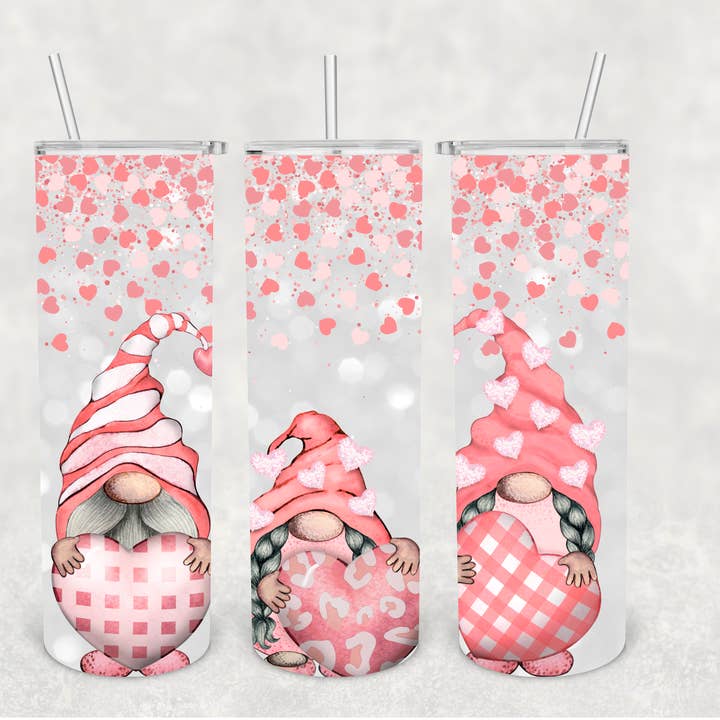 Pink Hearts Gnome Tumbler for wholesale by The Potted Oasis