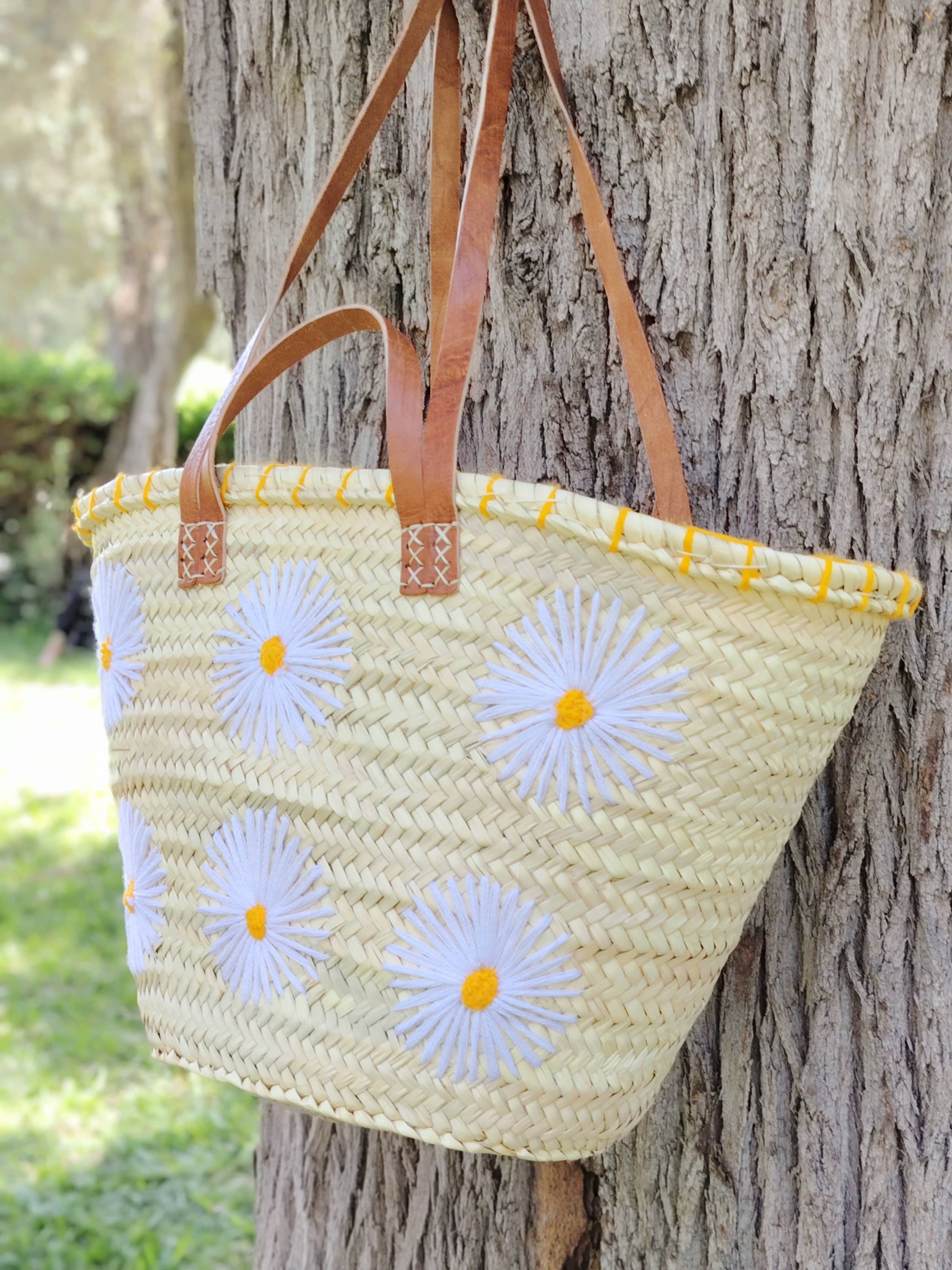 Twins Basket - Vente Sac de plage - Panier de marché en paille tressée à la main avec marguerites brodées12