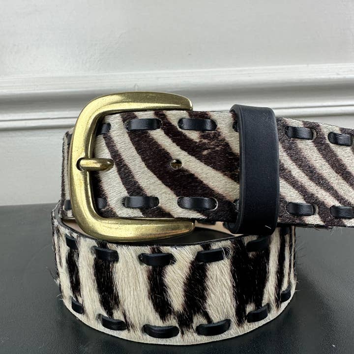JULIA PARIS - Wholesale Riem - Dames - Leren riem met zebra pony-effect en bronzen gesp, 40 mm2