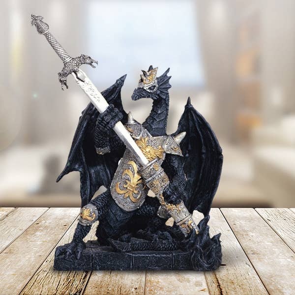 6.5"H Black Dragon with Sword Figurine Home Decor Gifts for wholesale by FC Design