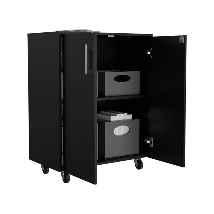Black Wengue Storage Cabinet, Casters, Double Door, Two Interior Shelves for wholesale on Faire3