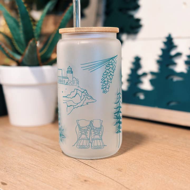 Reclaimed Maine Co. - Wholesale Drinking Glass/Cup - Best of Maine Frosted Can Glasses With Lid + Glass Straw