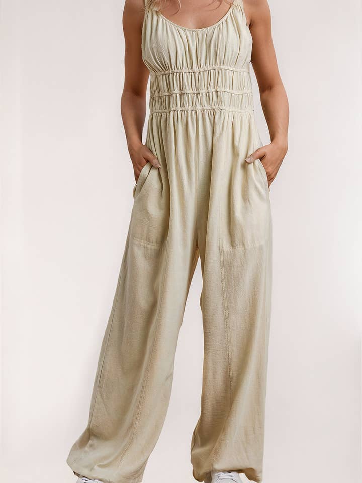 Ruched High Waist Sleeveless Wide Leg Jumpsuit for wholesale by LA Society