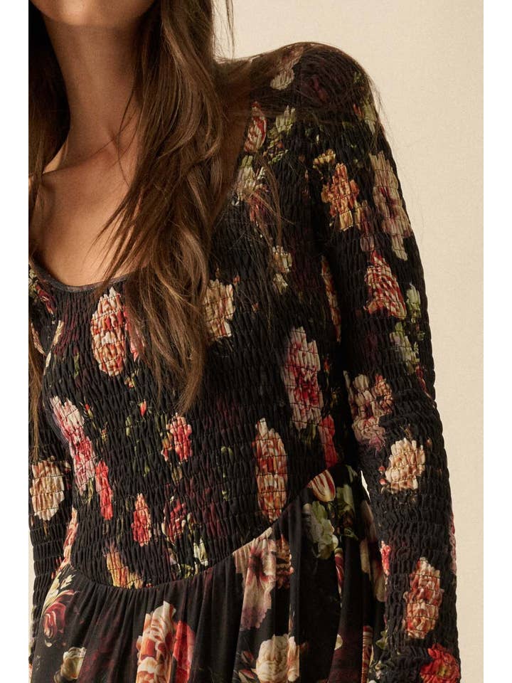 BLACK Floral-Print Mesh Smocked Long-Sleeve Maxi Dress for wholesale on Faire7