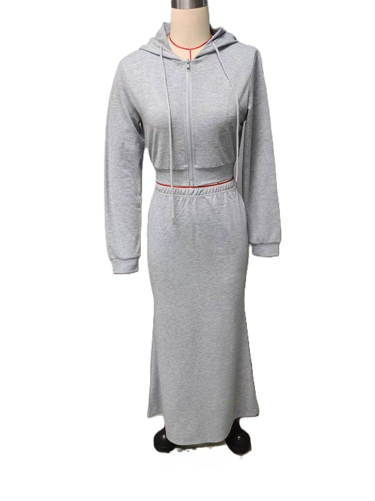 Grey Stylish Hooded Sweatshirt With Hip Maxi Skirt Two-Piece Set for wholesale on Faire0