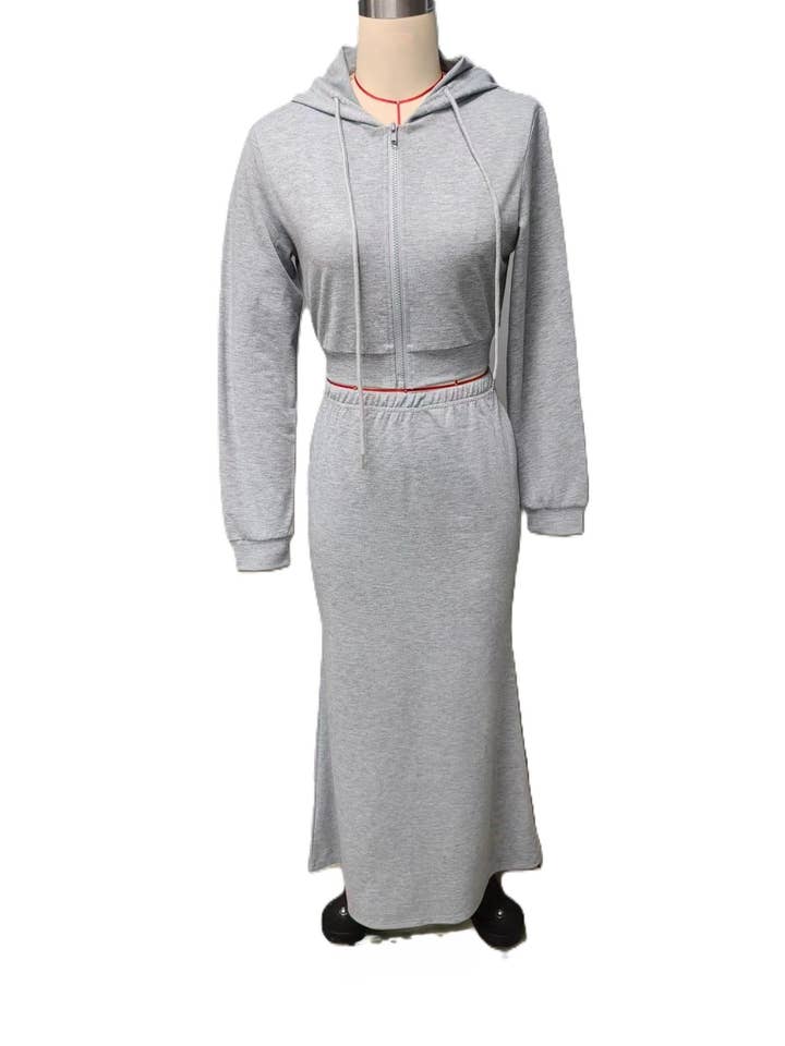 Grey Stylish Hooded Sweatshirt With Hip Maxi Skirt Two-Piece Set for wholesale on Faire