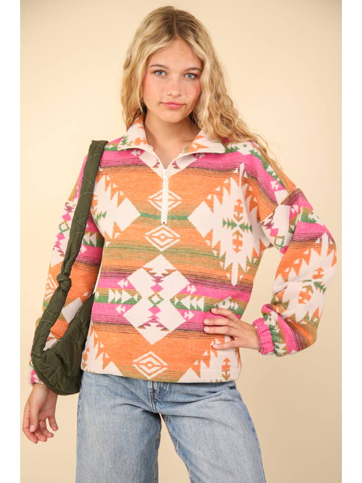 VERY J - Wholesale Sweatshirt - Women's - NT11854-Aztec Printed Henley Woven Pullover Top