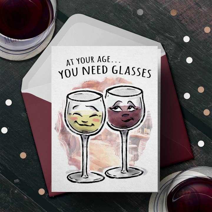 Carte d'anniversaire ou de fête des mères amusante « You Need Glasses » avec vin pour la vente par Aaron Millard Illustration