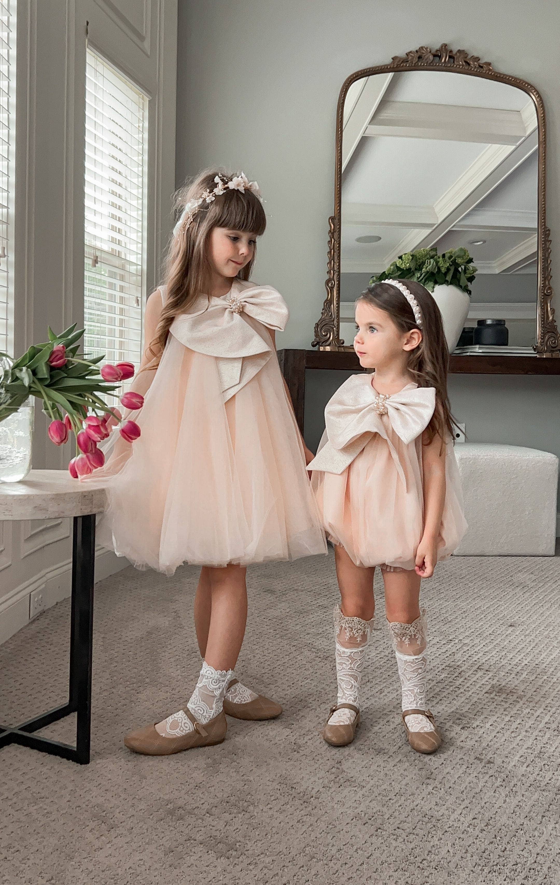 Petite Maison Kids - Vente Robe – enfant - Robe Jackie pêche en tulle à col nœud jacquard20