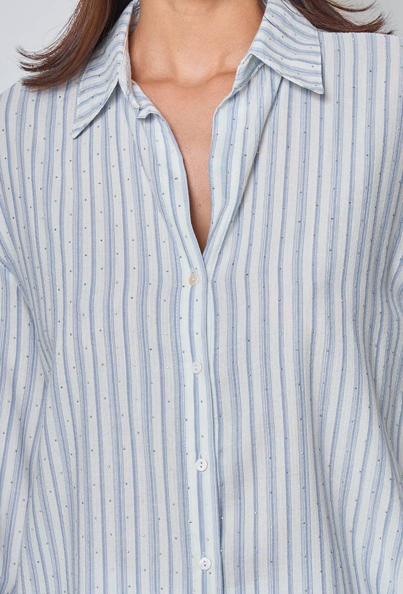 KY CREATION PARIS - Vente Chemise à col boutonné – femme - Chemise à rayures avec strass3