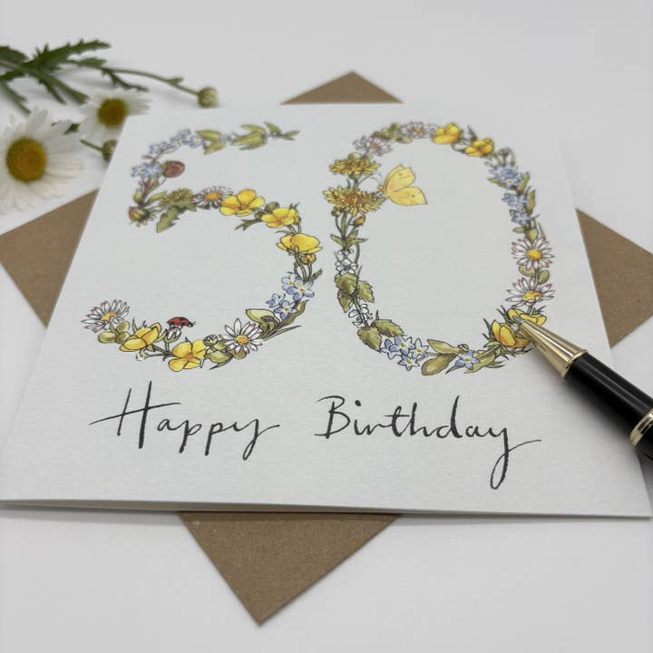 Ink and Snail Limited - Wholesale Birthday Card - 50th Birthday Card - Wildflower1