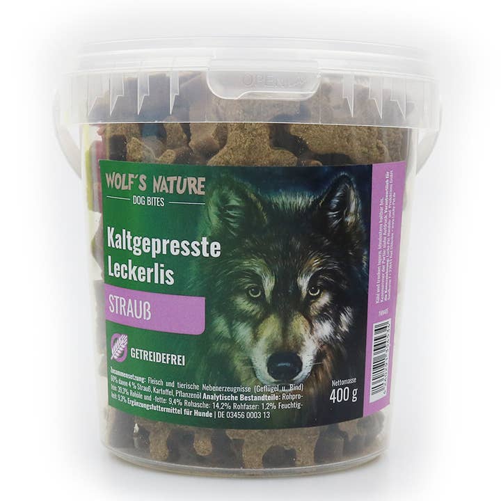 Mordidas de cachorro Wolf's Nature® com avestruz 400 g por atacado de Lucky-Pet Handels- und Produktions GmbH
