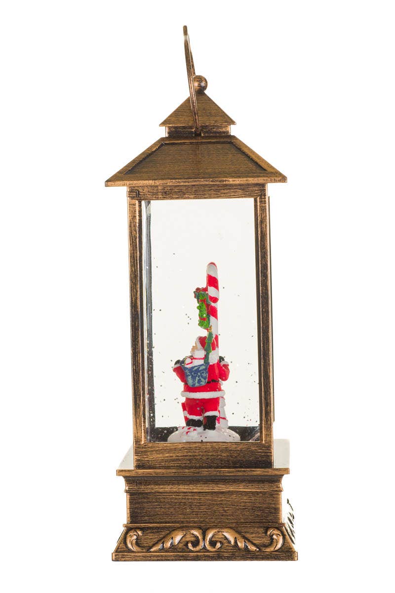 Starlight Collection - Wholesale Decorative Tabletop Object - NEW-Bronze Led Lantern Snow Globe W/ Santa & Candy Cane3