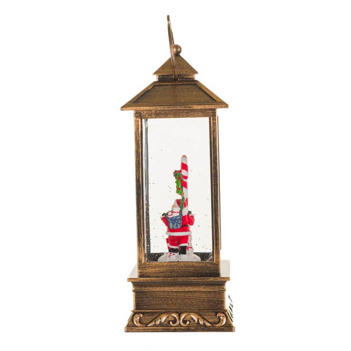 Starlight Collection - Wholesale Decorative Tabletop Object - NEW-Bronze Led Lantern Snow Globe W/ Santa & Candy Cane3