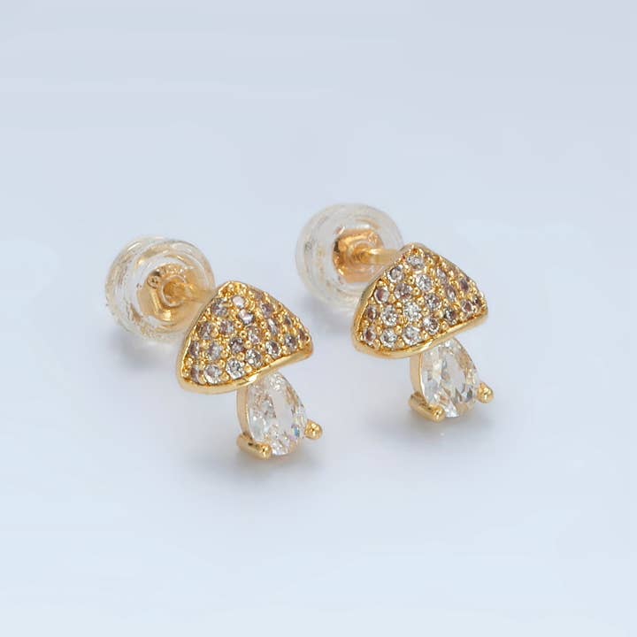 Aim Eternal - Wholesale Stud/Post Earrings - 24K Gold Filled CZ Paved Mushroom Stud Earring | AB-1241
