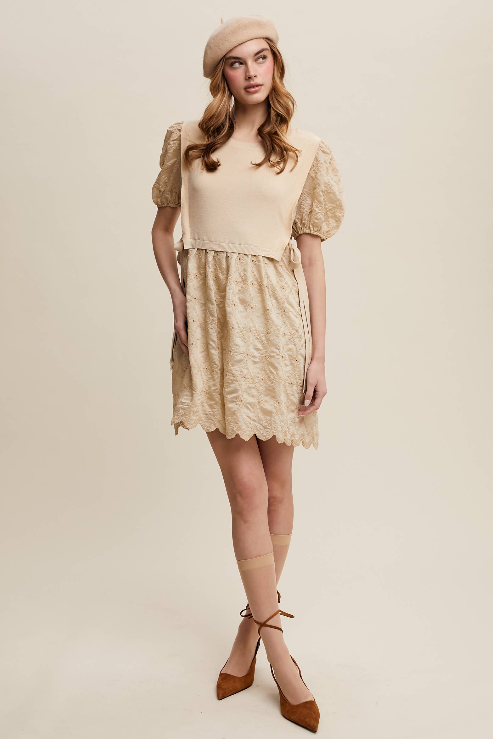 Listicle - Wholesale Dress - Women's - Embroidered Puff Sleeve Dress with Knit Vest17