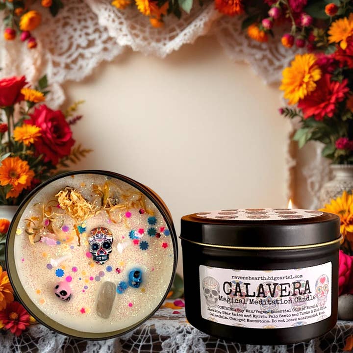 Raven’s Hearth - Wholesale Jar/Filled Candle - Calavera Candle | Dia de Los Muertos | Halloween1