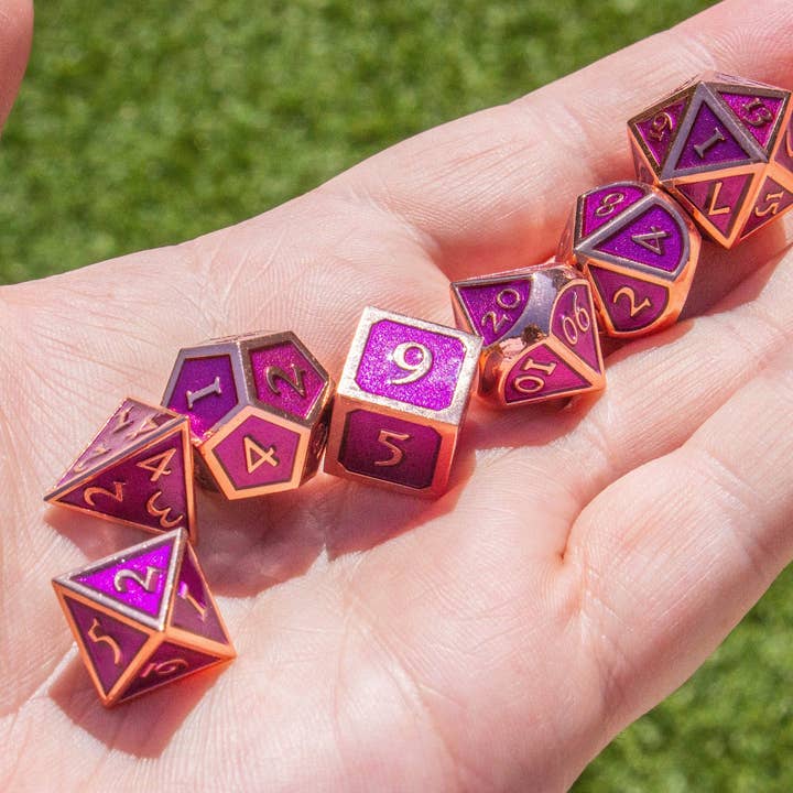 Metal Purple and Rose Gold Dice Set for wholesale by Mystery Dice Goblin