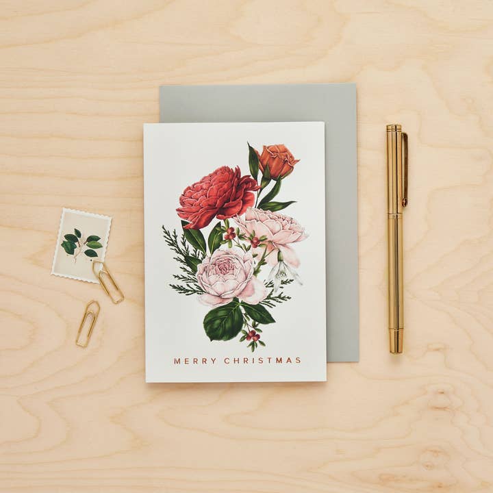 White Bunch- Merry Christmas - Christmas Card - Berry Roses for wholesale by Catherine Lewis Design