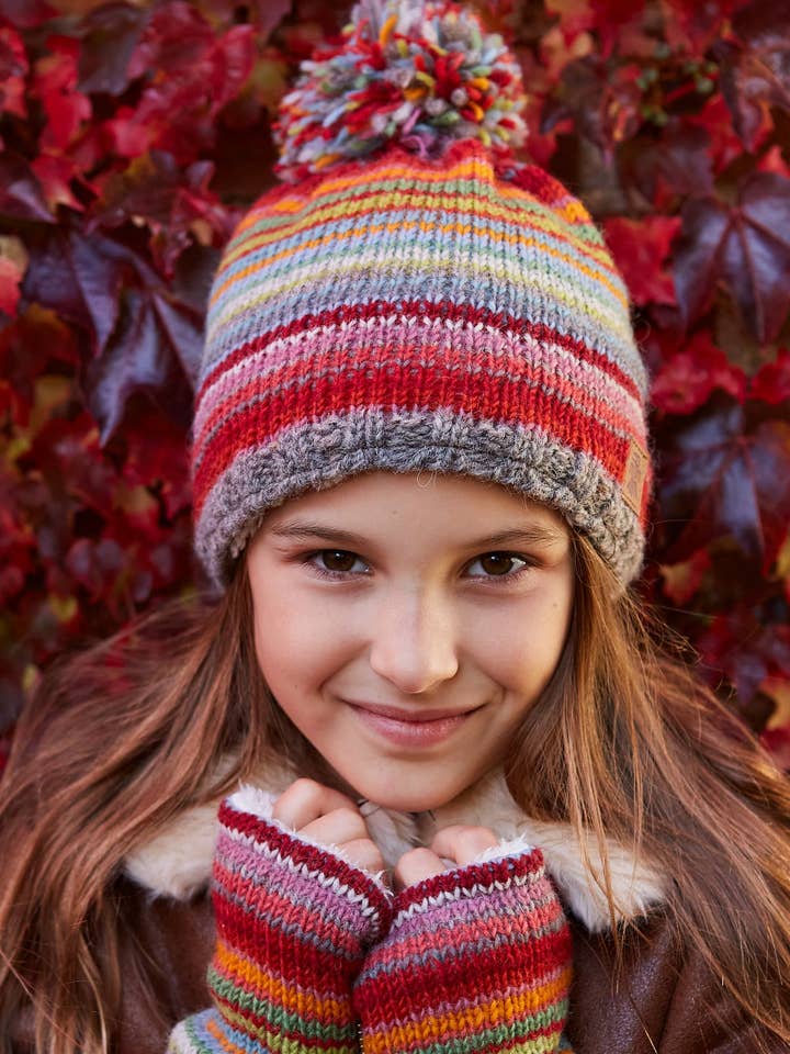 Kids Sunset Stripes Sherpa Fleece Wool Bobble Beanie Hat for wholesale by Pachamama Ltd