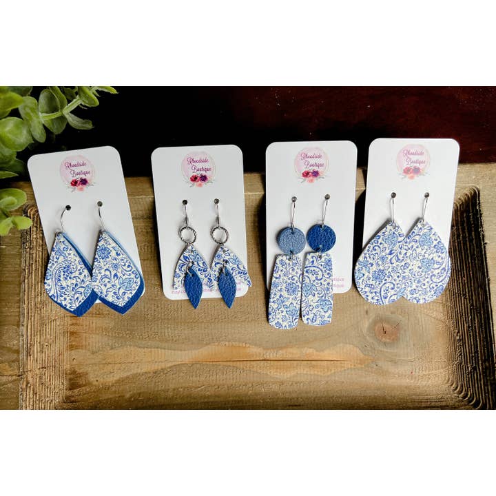 Blue Porcelain Boho Leather Dangle Statement Earrings for wholesale by Rhoadside Boutique