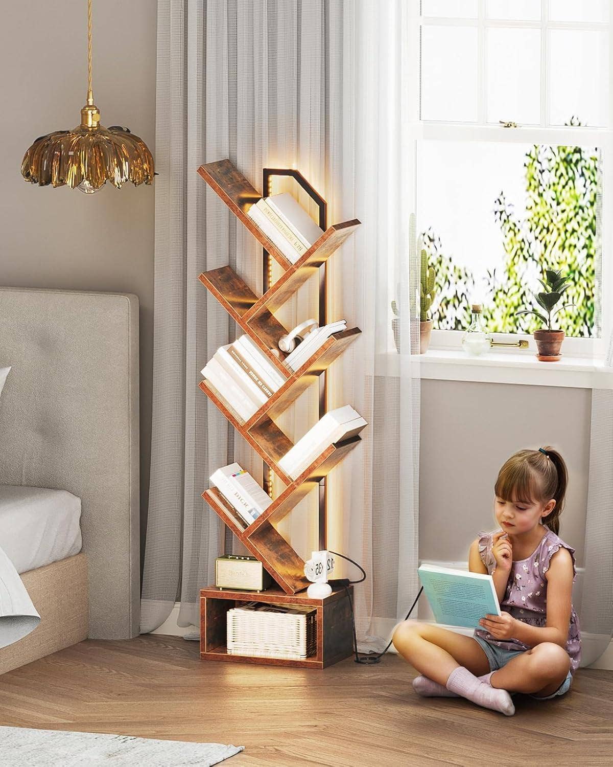 Vintage Six Tier Tree Bookshelf With LED Lights Narrow Floorstanding for wholesale on Faire6