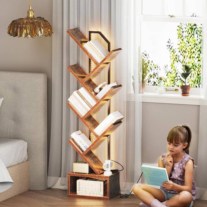 Vintage Six Tier Tree Bookshelf With LED Lights Narrow Floorstanding for wholesale on Faire6
