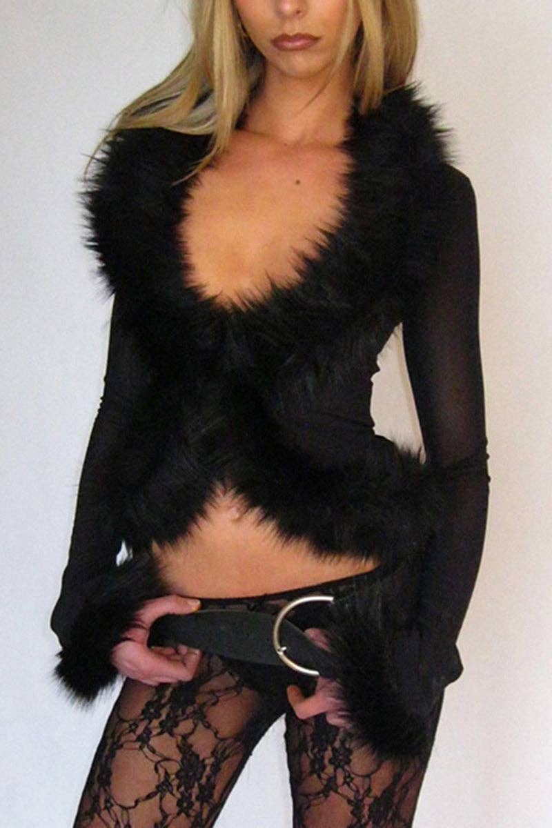 BLACK Faux Fur Trim Sheer Long Sleeve Blouse for wholesale on Faire0