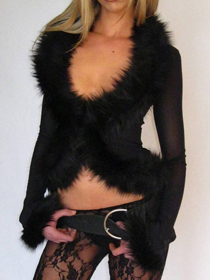 Faux Fur Trim Sheer Long Sleeve Blouse for wholesale by Mccolin