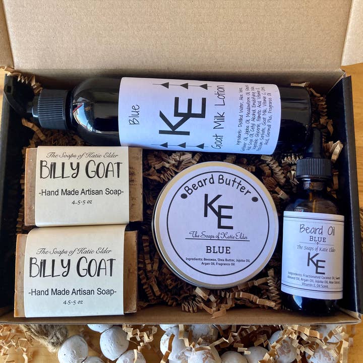 Coffret cadeau bleu pour hommes, savon au lait de chèvre, lotion, huile à barbe (copie) pour la vente par The Soaps of Katie Elder
