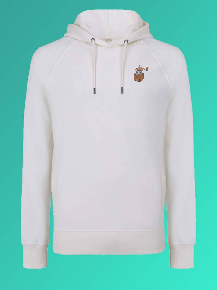 Kaffekværn | Broderet økologisk bomuld hættetrøje til mænd for engroshandel hos Fashion Drinks
