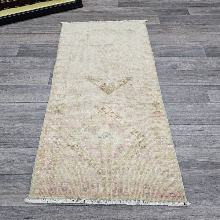 Handwoven Turkish Wool Rug: Faded Green Vintage Bath Mat (20x40 in) for wholesale by MesopotamiaRugs