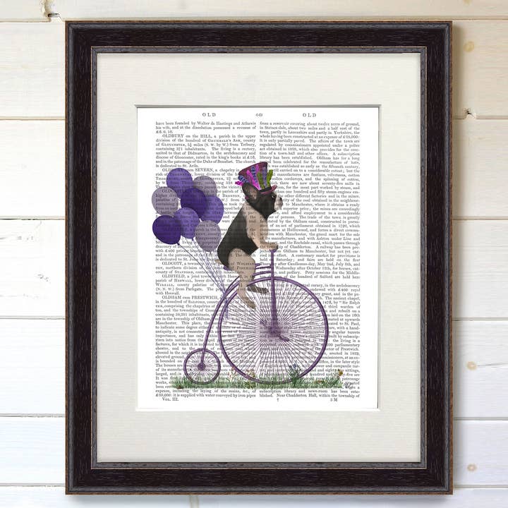 Bulldog Français N&B Chien Penny Farthing Livre de Vélo Art pour la vente par FabFunky Ltd