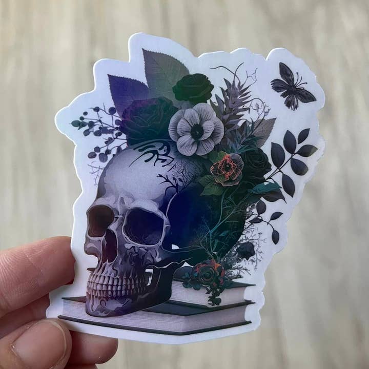 Black Skull & Books Goth Die Cut Vinyl Sticker for wholesale by Prairie Chicken Sticker Shop & Gifts