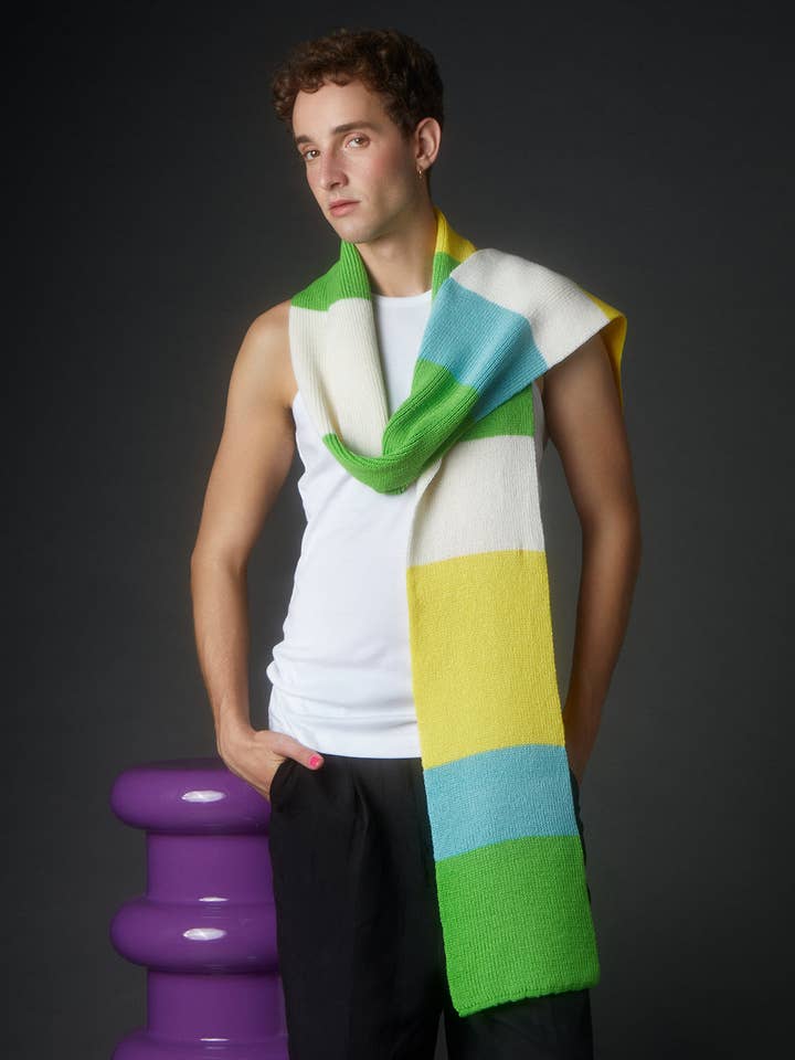 Ribbed Colour Block Wool & Cashmere Scarf Green Men for wholesale by INGMARSON