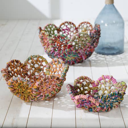India Handicrafts Inc - Wholesale Basket - Colorful Jute Flower Baskets, 3-Piece Set