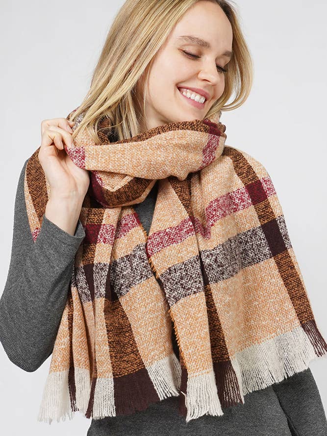 Plaid Check Pattern Oblong Fringe Winter Scarf for wholesale by Hana