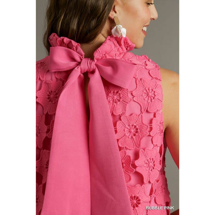 BNS - Wholesale Dress - Women's - Floral Lace High Neck Sleeveless Dress w_Bow Tie