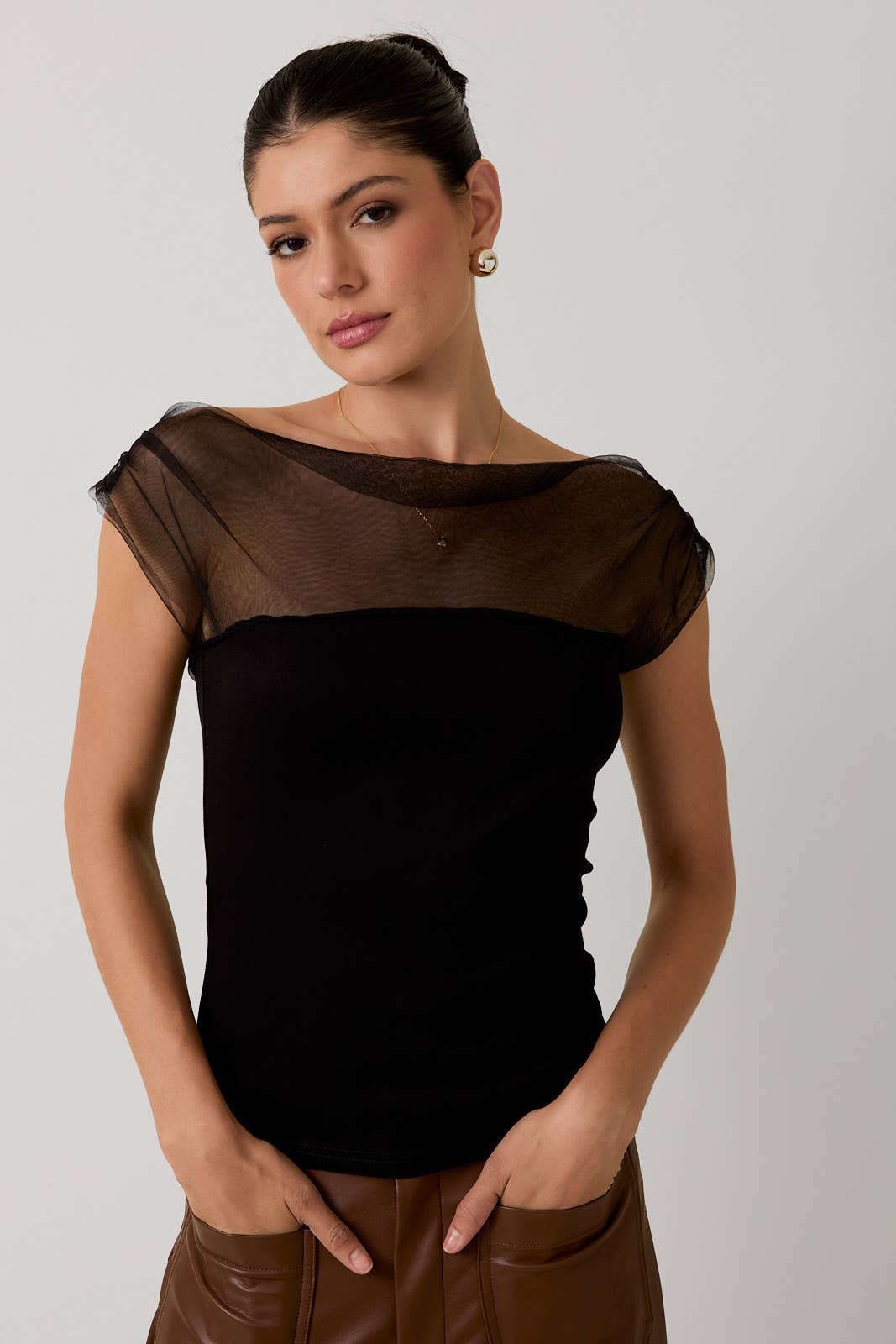 Sunday Edition - Wholesale Blouse - Women's - MESH & PONTI MIX DRAPE TOP14