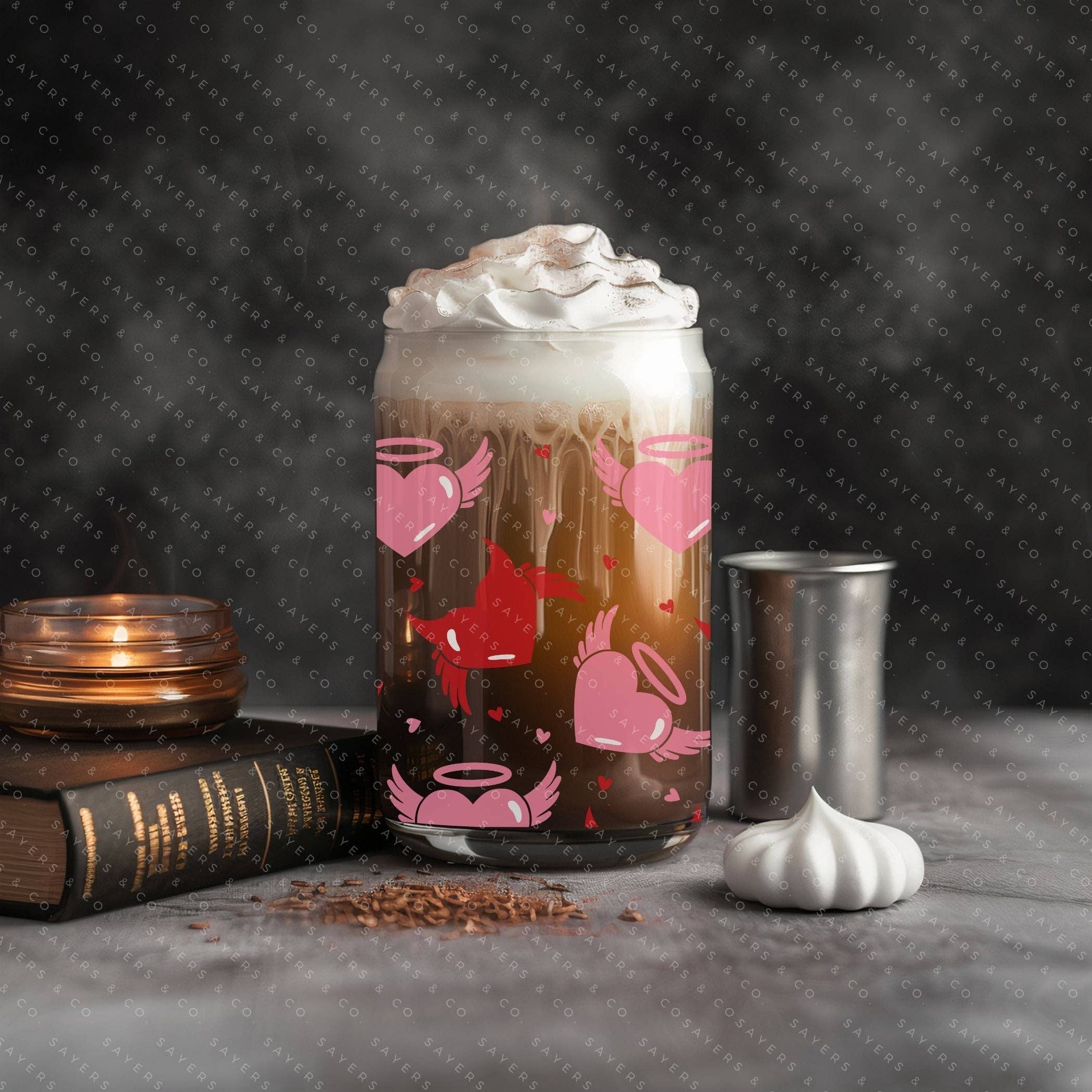 Sayers & Co. - Wholesale Drinking Glass/Cup - 16oz Valentine's Day Angel and Devil Hearts Glass Cup with Bamboo Lid & Straw #1000895