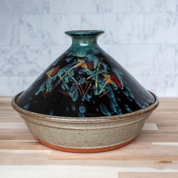 Handmade, Clay, Tagine In Midnight Garden For Stovetop for wholesale by Clay Coyote